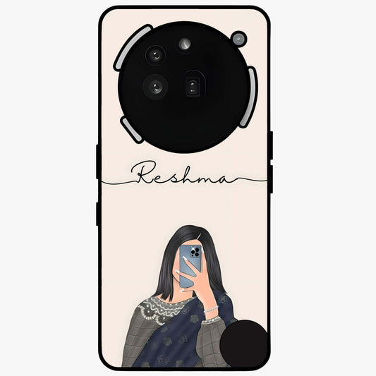 Mirror Mood Muse With Custom Name Glass Case showing flat back view with stylish mirrored artwork and personalized name design.