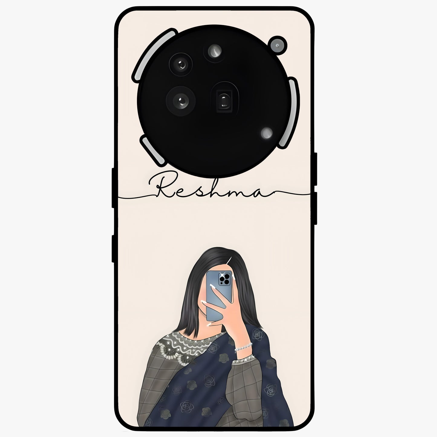Mirror Mood Muse With Custom Name Glass Case showing flat back view with stylish mirrored artwork and personalized name design.