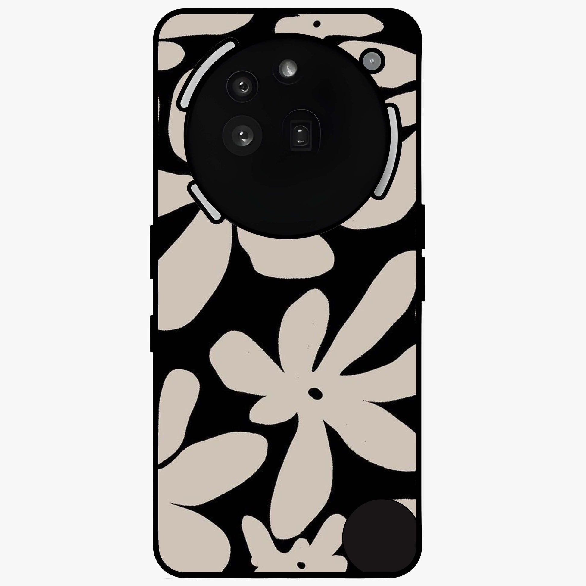 Monochrome Petal Dance Glass Case showing flat back view with monochrome floral artwork and glossy glass finish.