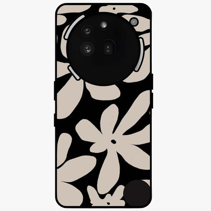 Monochrome Petal Dance Glass Case showing flat back view with monochrome floral artwork and glossy glass finish.
