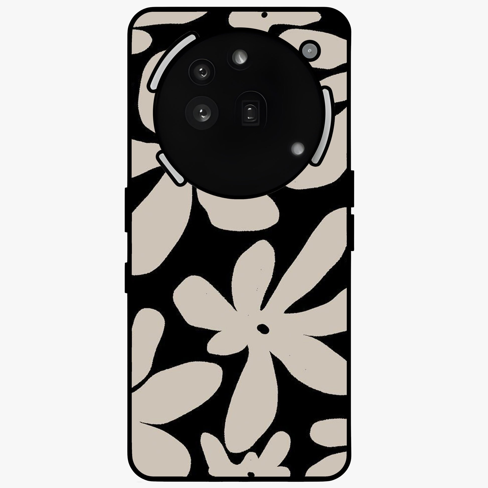 Monochrome Petal Dance Glass Case showing flat back view with monochrome floral artwork and glossy glass finish.