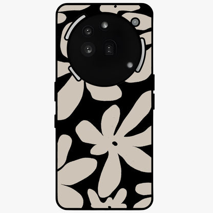Monochrome Petal Dance Glass Case showing flat back view with monochrome floral artwork and glossy glass finish.