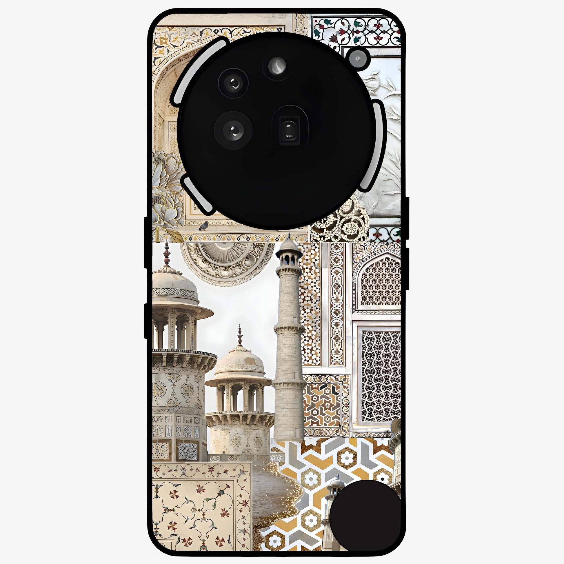 Mughal Marble Legacy Glass Case showing flat back view with intricate Mughal inspired marble pattern and glossy glass finish.