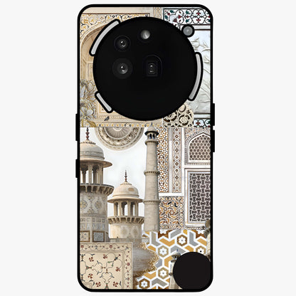 Mughal Marble Legacy Glass Case showing flat back view with intricate Mughal inspired marble pattern and glossy glass finish.