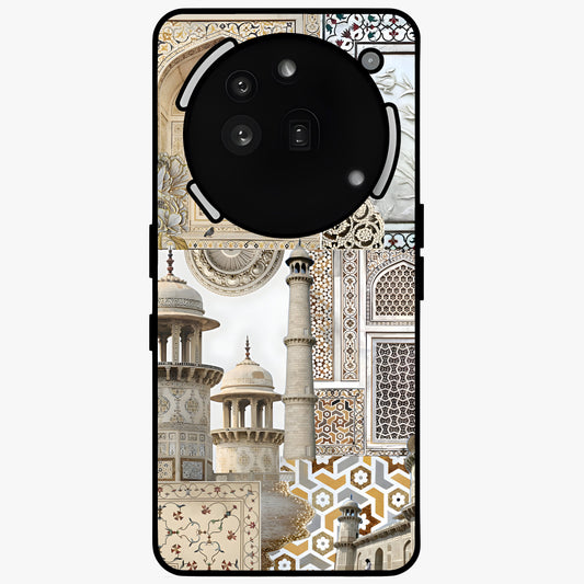 Mughal Marble Legacy Glass Case showing flat back view with intricate Mughal inspired marble pattern and glossy glass finish.