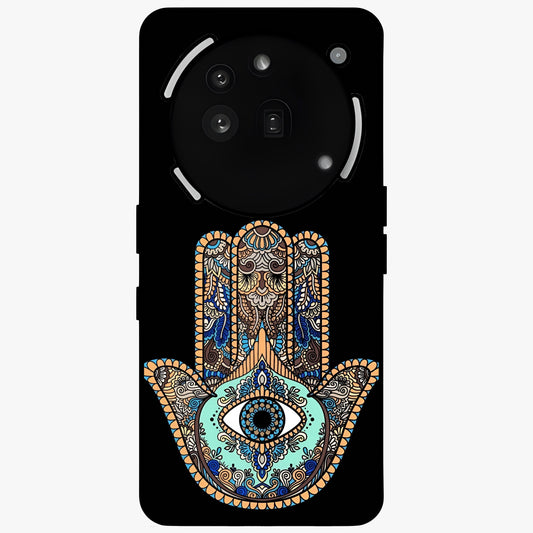 Mystic Hamsa Eye Glass Case showing flat back view with protective hamsa hand and evil eye artwork and glossy glass finish.