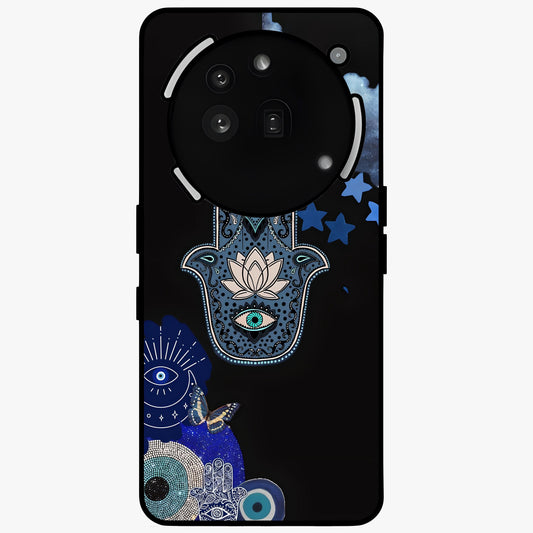 Mystic Hand Aura Glass Case showing flat back view with mystical hand symbol artwork and glossy glass finish.