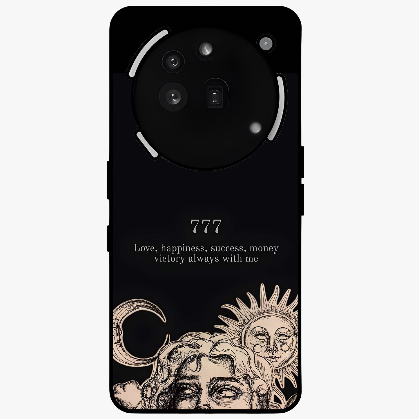Mystic Victory Aura Glass Case showing flat back view with victory symbol artwork and glossy glass finish.