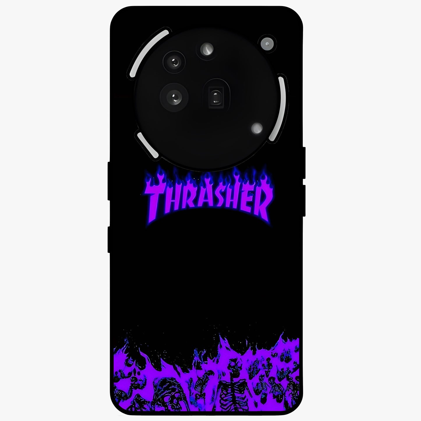 Neon Flame Riot Glass Case showing flat back view with neon flame artwork and glossy glass finish.
