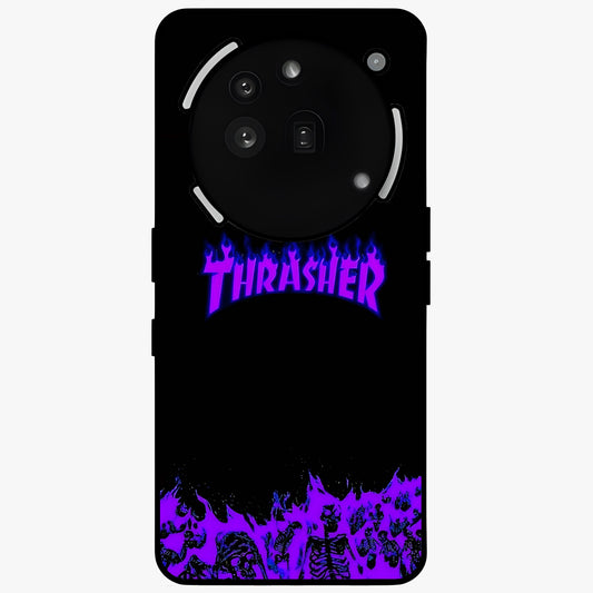 Neon Flame Riot Glass Case showing flat back view with neon flame artwork and glossy glass finish.