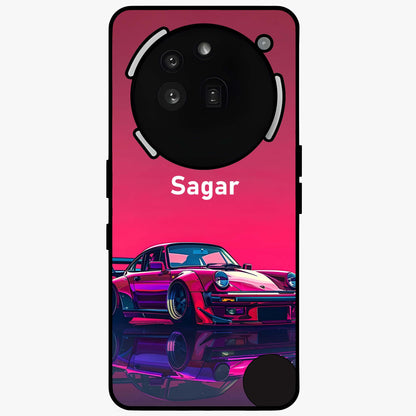 Neon Pink Porsche Glass Case showing flat back view with stylish sports car artwork and glossy glass finish.