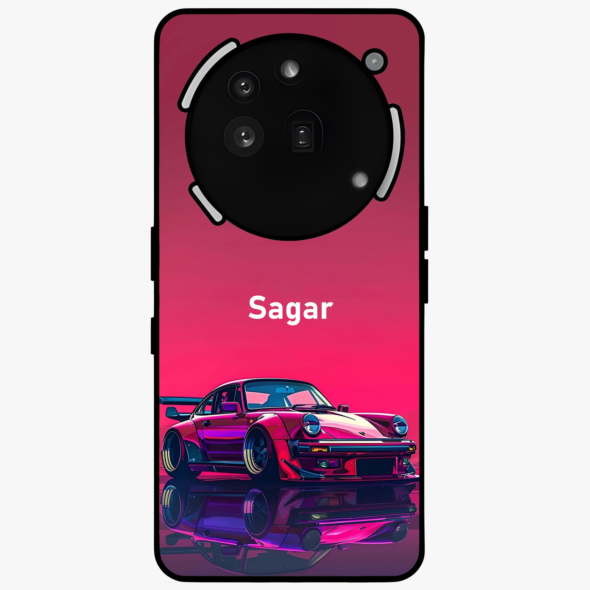 Neon Pink Porsche Glass Case showing flat back view with stylish sports car artwork and glossy glass finish.
