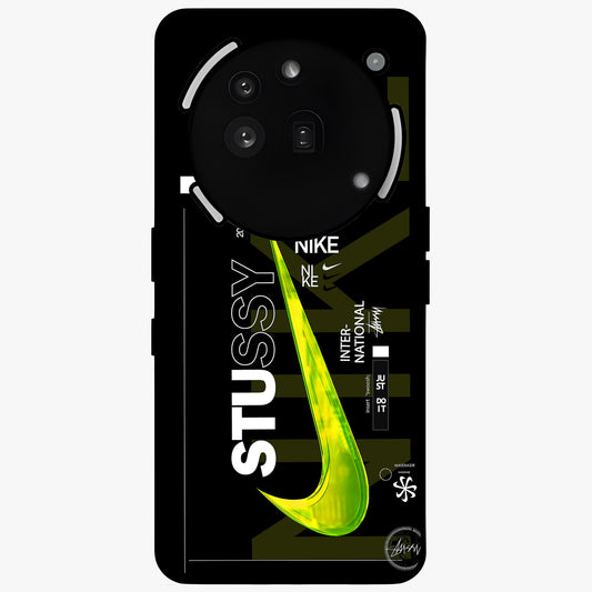 Neon Street Edition Glass Case showing flat back view with neon street style artwork and glossy glass finish.