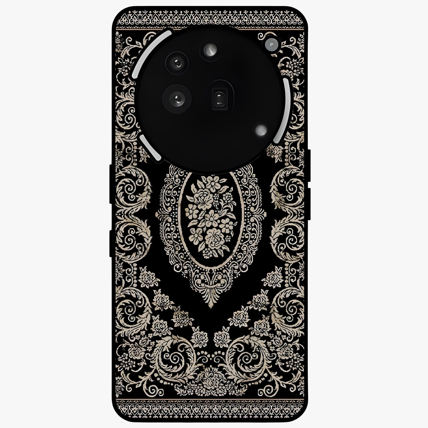 Noir Bloom Elegance Glass Case showing flat back view with elegant dark floral artwork and glossy glass finish.