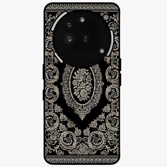 Noir Bloom Elegance Glass Case showing flat back view with elegant dark floral artwork and glossy glass finish.