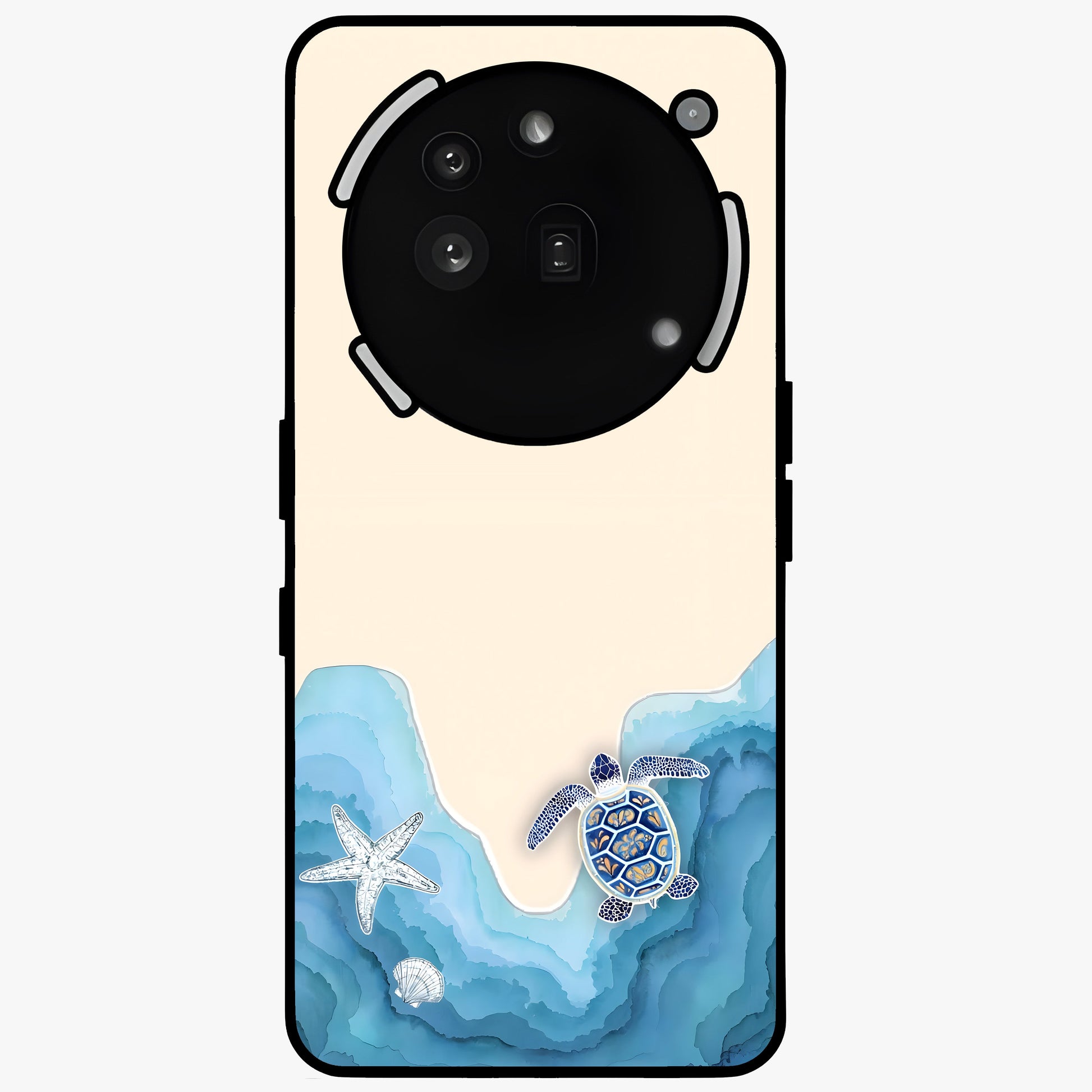 Ocean Drift Turtle Glass Case showing flat back view with sea turtle artwork and glossy glass finish.