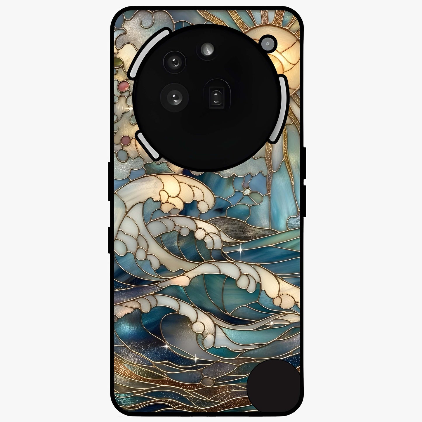 Oceanic Stained Printed Glass Case showing flat back view with ocean inspired stained pattern artwork and glossy glass finish.
