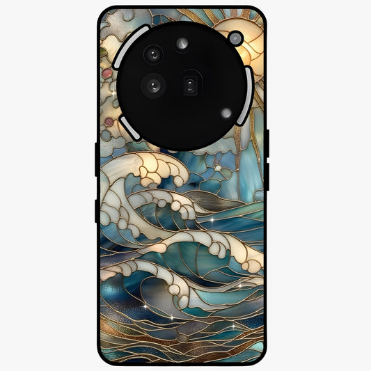 Oceanic Stained Printed Glass Case showing flat back view with ocean inspired stained pattern artwork and glossy glass finish.