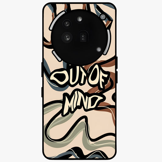 Out Of Mind Glass Case showing flat back view with expressive typography artwork and glossy glass finish.