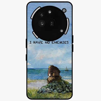 Peace Beyond War Glass Case showing flat back view with symbolic peace themed artwork and glossy glass finish.