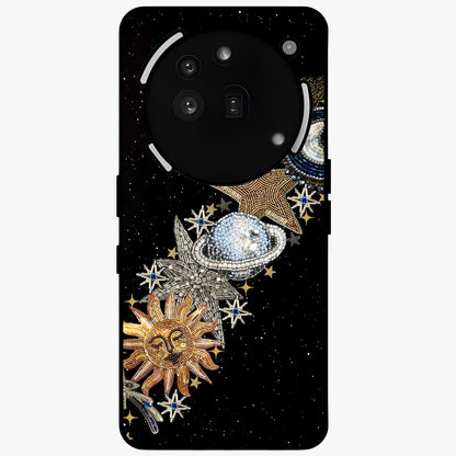 Pearls Universe Object Glass Case showing flat back view with pearl inspired cosmic artwork and glossy glass finish.