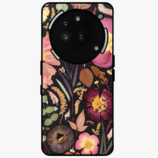Petal Dream Tapestry Glass Case showing flat back view with intricate floral tapestry artwork and glossy glass finish.