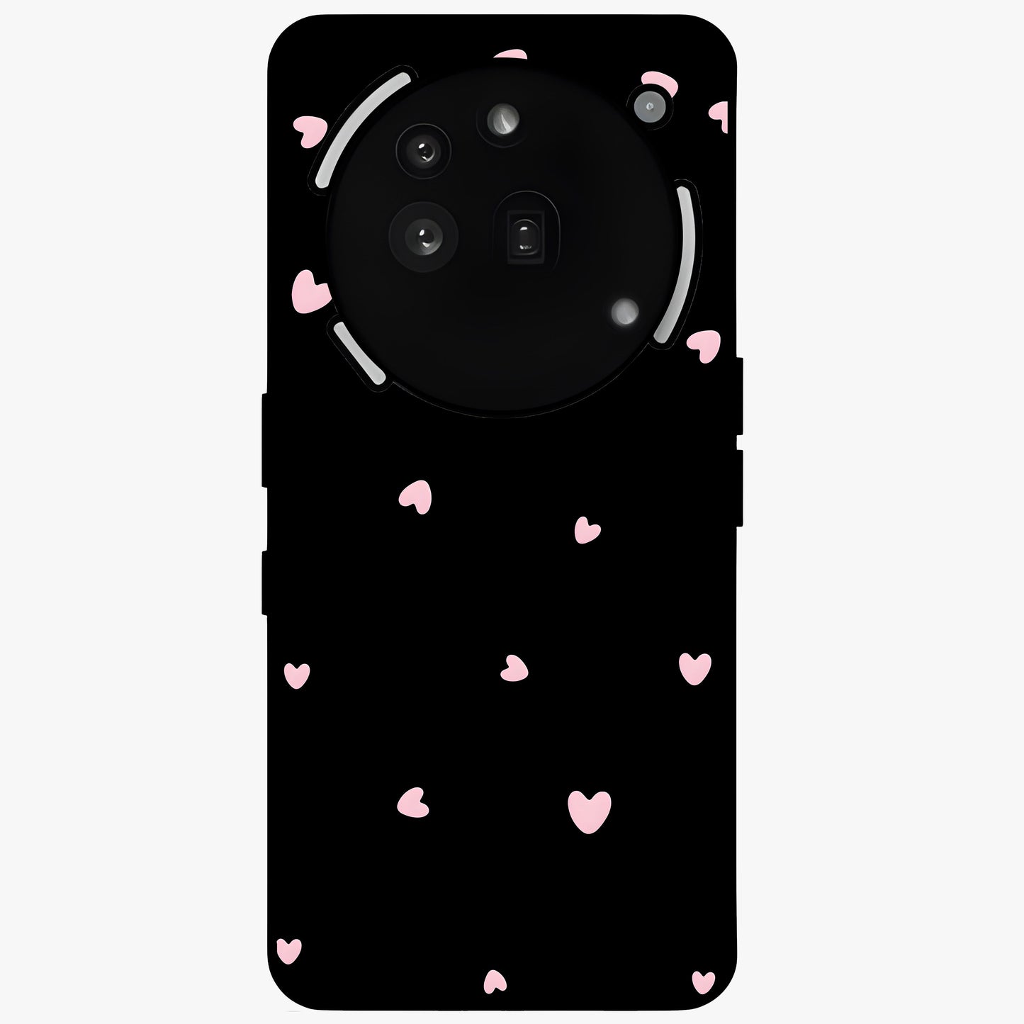 Pink Love Drops Glass Case showing flat back view with playful pink heart drops artwork and glossy glass finish.