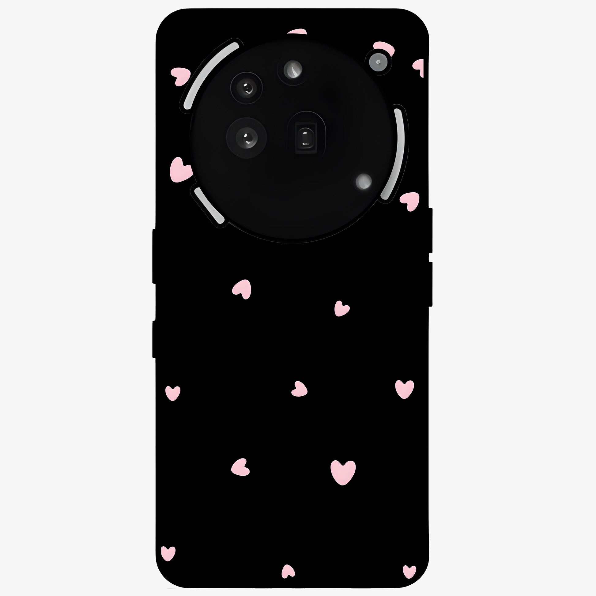 Pink Love Drops Glass Case showing flat back view with playful pink heart drops artwork and glossy glass finish.