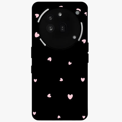 Pink Love Drops Glass Case showing flat back view with playful pink heart drops artwork and glossy glass finish.