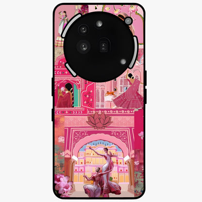 Pink Palace Muse Glass Case showing flat back view with elegant palace inspired artwork and glossy glass finish.