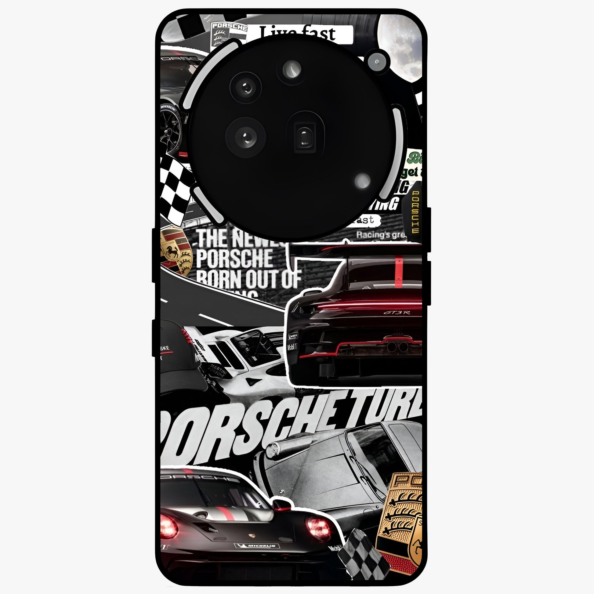 Porsche Racing Collage Glass Case showing flat back view with sports car racing collage artwork and glossy glass finish.