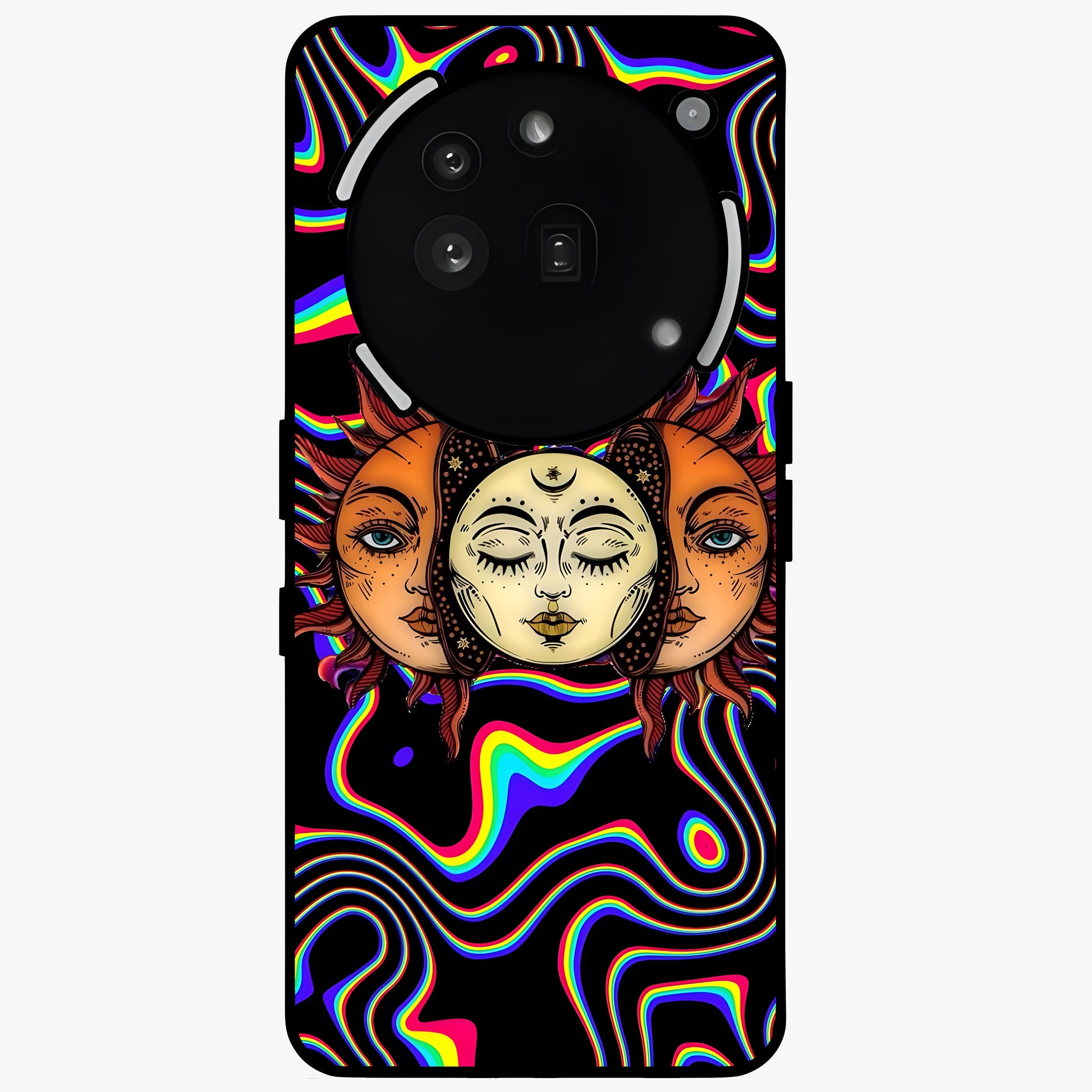Psychedelic Sun Glass Case showing flat back view with colorful psychedelic sun artwork and glossy glass finish.