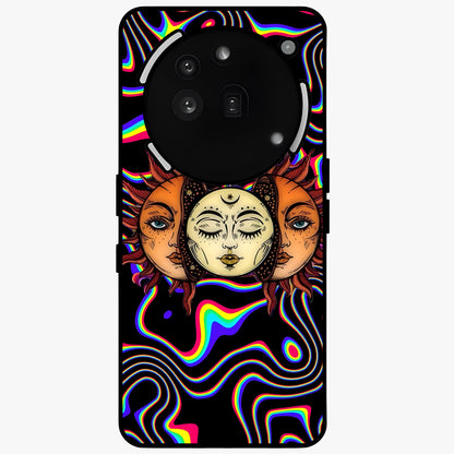 Psychedelic Sun Glass Case showing flat back view with colorful psychedelic sun artwork and glossy glass finish.