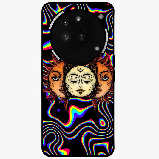 Psychedelic Sun Glass Case showing flat back view with colorful psychedelic sun artwork and glossy glass finish.