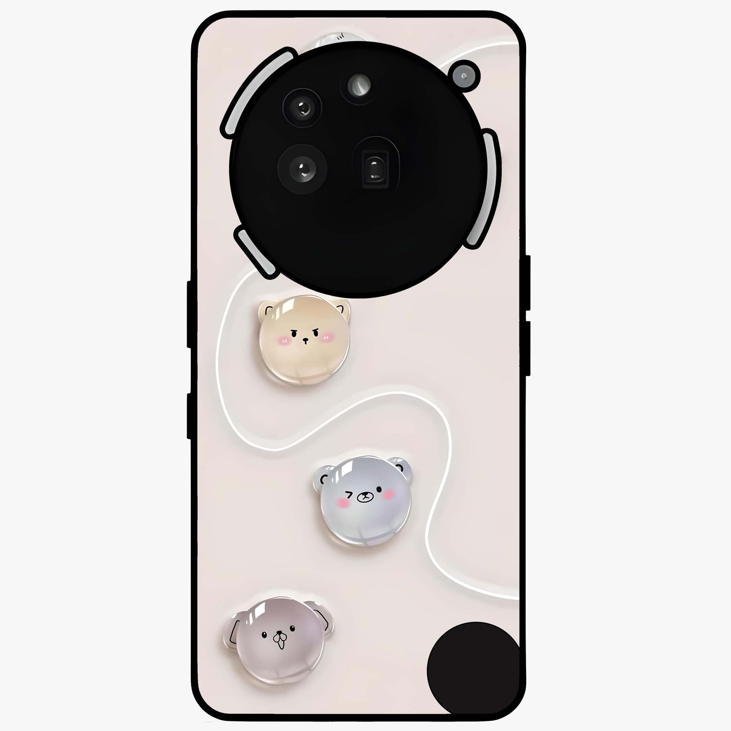 Puffy Face Parade Glass Case showing flat back view with cute puffy character faces artwork and glossy glass finish.