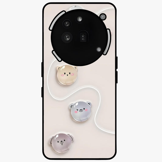 Puffy Face Parade Glass Case showing flat back view with cute puffy character faces artwork and glossy glass finish.