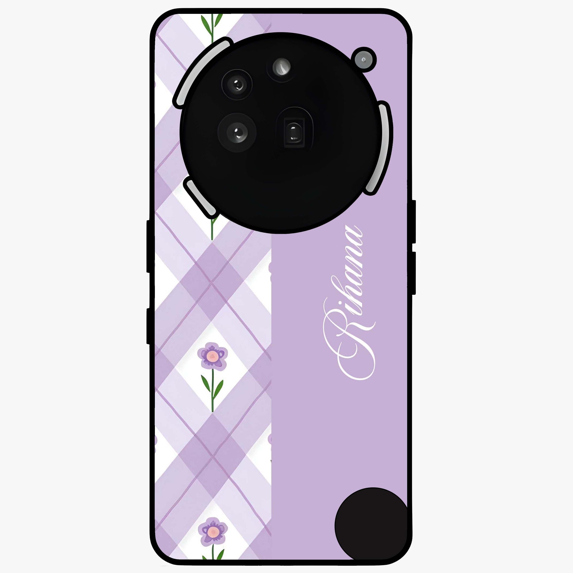 Purple Diamond Floral Glass Case showing flat back view with diamond shaped floral artwork and glossy glass finish.