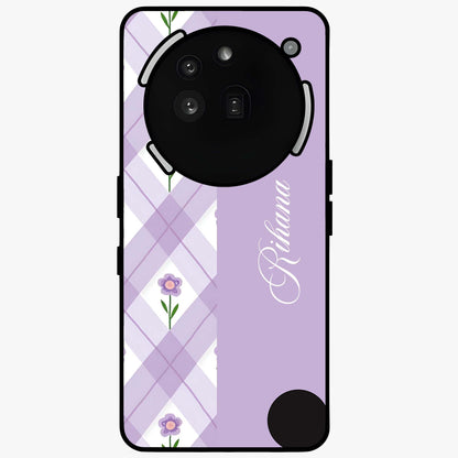 Purple Diamond Floral Glass Case showing flat back view with diamond shaped floral artwork and glossy glass finish.