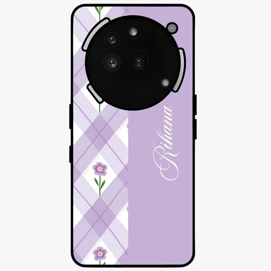 Purple Diamond Floral Glass Case showing flat back view with diamond shaped floral artwork and glossy glass finish.