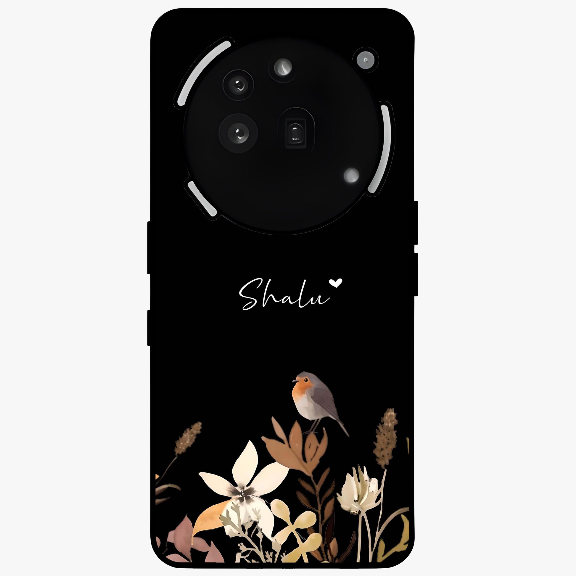 Quiet Garden Tune Custom Name Glass Case showing flat back view with peaceful garden artwork and personalized name design.