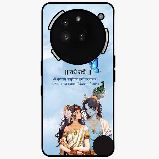 Radha Krishna Eternal Glass Case showing flat back view with Radha Krishna devotional artwork and glossy glass finish.