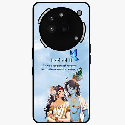 Radha Krishna Eternal Glass Case showing flat back view with Radha Krishna devotional artwork and glossy glass finish.