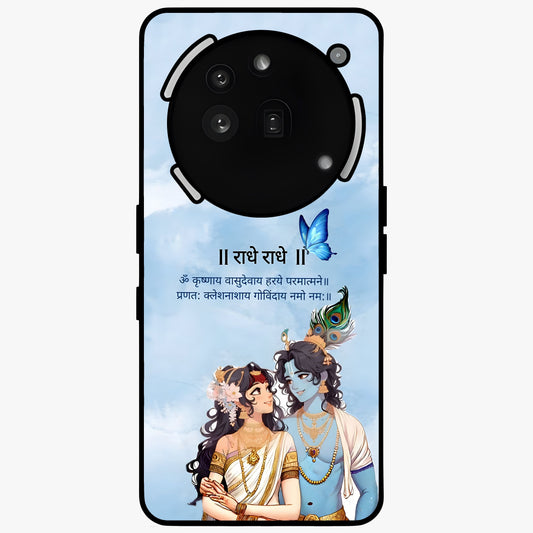Radha Krishna Eternal Glass Case showing flat back view with Radha Krishna devotional artwork and glossy glass finish.