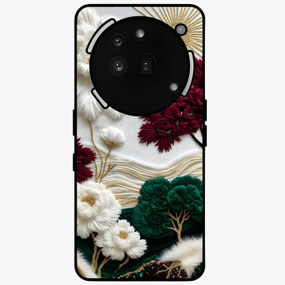 Radiant Bloom Elegance Glass Case showing flat back view with elegant blooming flower artwork and glossy glass finish.