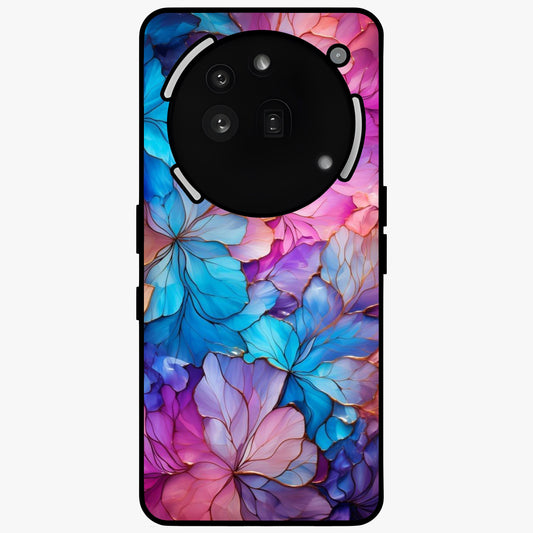 Radiant Floral Whirl Glass Case showing flat back view with swirling floral artwork and glossy glass finish.