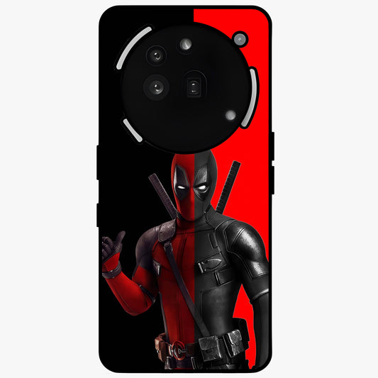 Red & Black Deadpool Theme Glass Case showing flat back view with bold comic inspired artwork and glossy glass finish.
