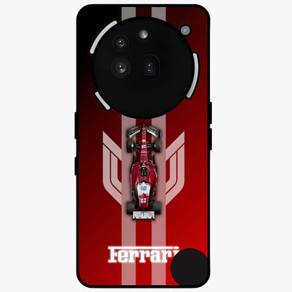 Red Ferrari F1 Vertical Glass Case showing flat back view with sleek Formula racing car artwork and glossy glass finish.