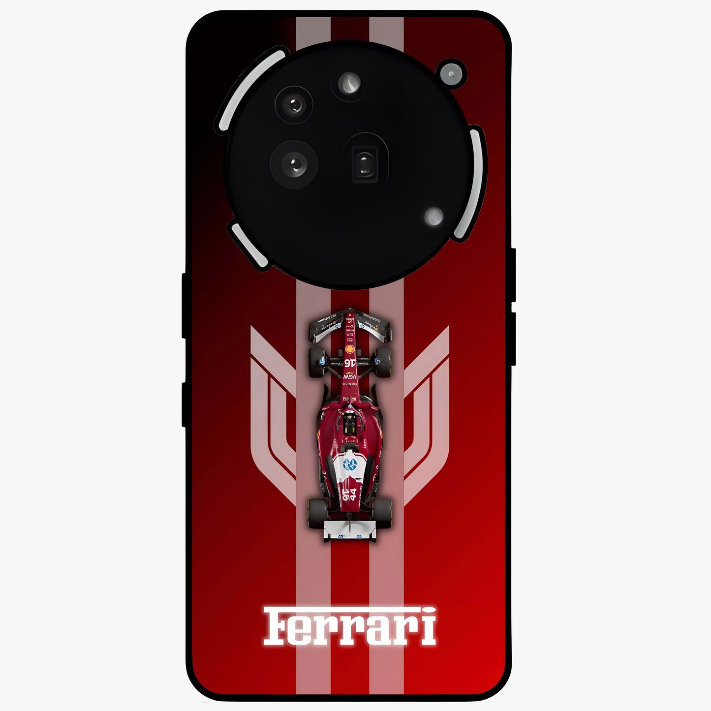 Red Ferrari F1 Vertical Glass Case showing flat back view with sleek Formula racing car artwork and glossy glass finish.