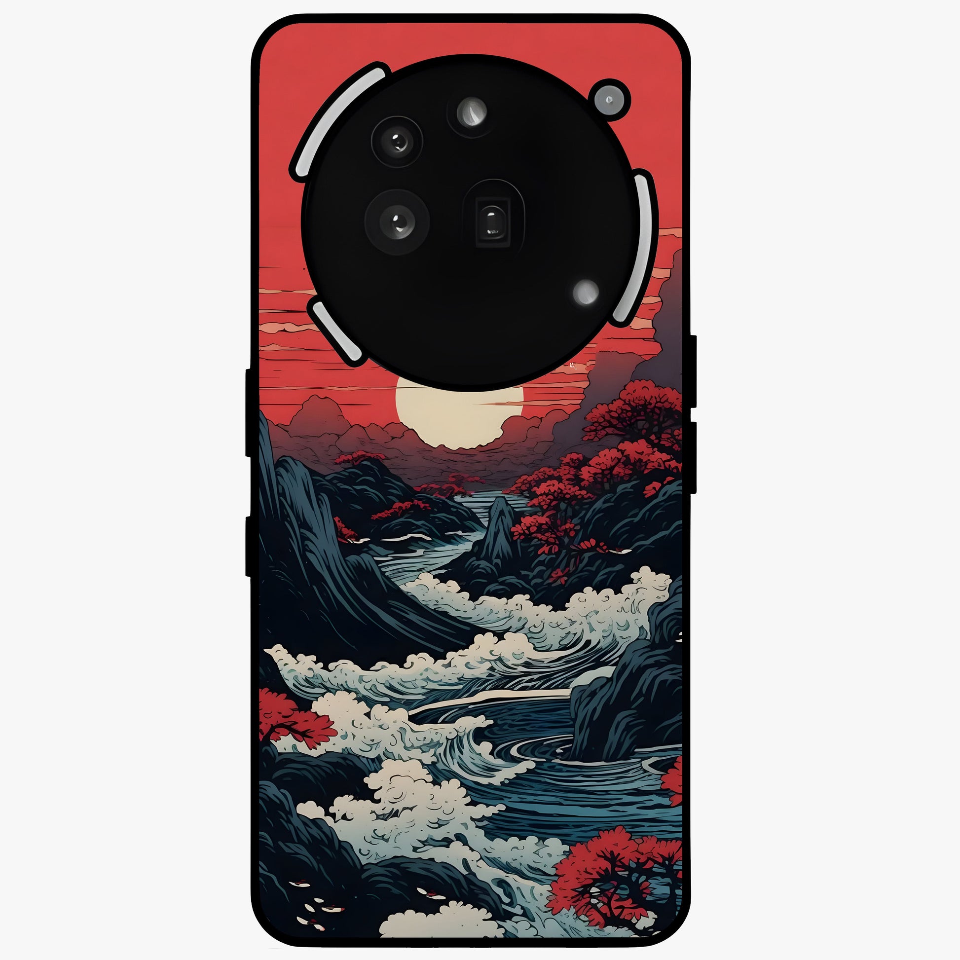 Red Sunset Scenery Glass Case showing flat back view with vibrant sunset landscape artwork and glossy glass finish.
