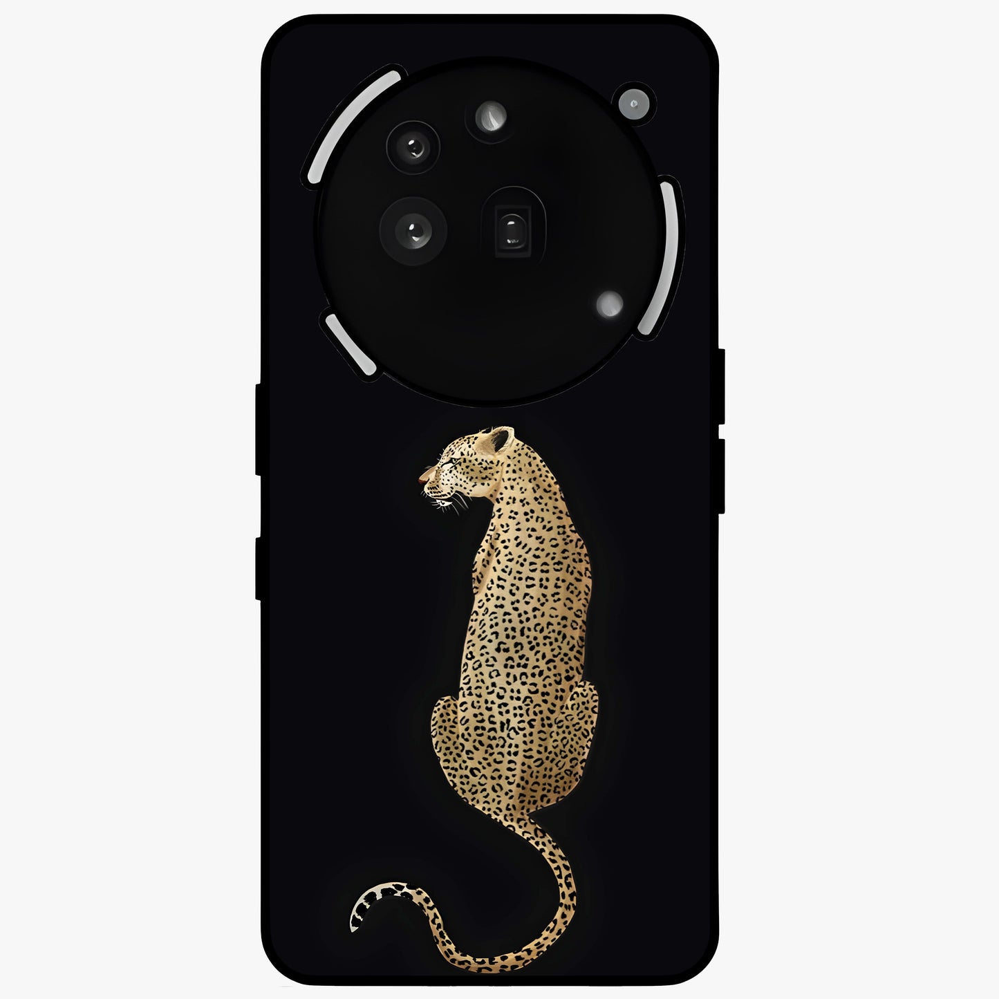 Regal Leopard Glass Case showing flat back view with bold leopard artwork and glossy glass finish.